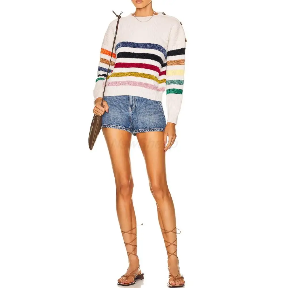 

Women Winter Ribbed Trim Knit Long Sleeve Pullover Shoulder Buttons Sweater Wool Cashmere Thermal Elegant women's Clothing