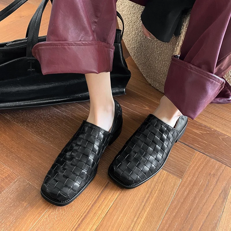 

Women Shoes Square Toe Genuine Leather Weave Flats For Woman Cowhide Cozy Loafers None Slip Spring Autumn Ladies Shoes