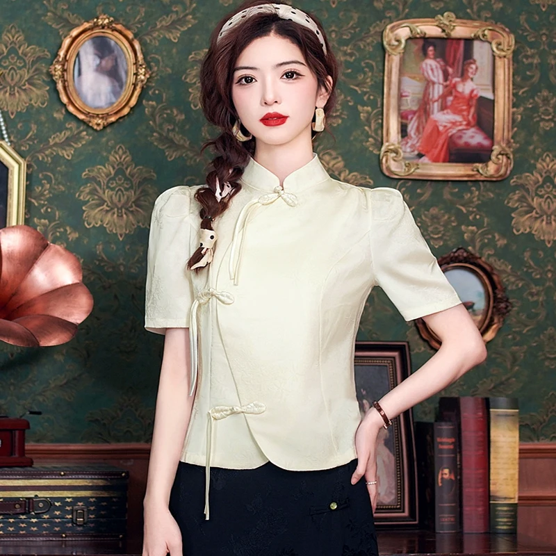 Летняя рубашка с коротким рукавом женская в китайском стиле ретро
