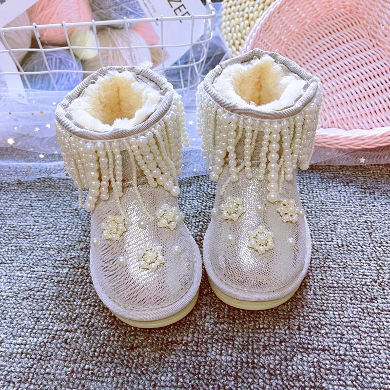 Зимние ботинки с белым жемчугом и бахромой для девочек 2023 роскошная теплая