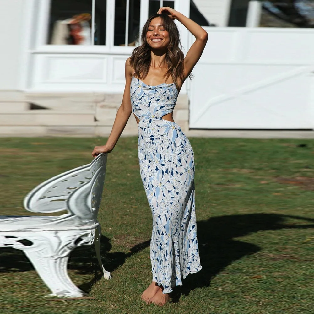 

Летнее Длинное платье с цветочным принтом и открытой спиной, женские облегающие обтягивающие платья на бретелях-спагетти, женское платье