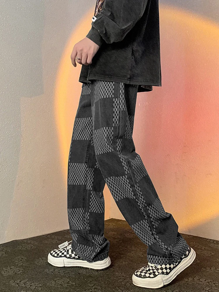 Men's Y2K Baggy Jeans Plaid Trousers Retro Style Y2K Jeans for Men with Super Large Plaid Street Style Baggy Denim Trousers