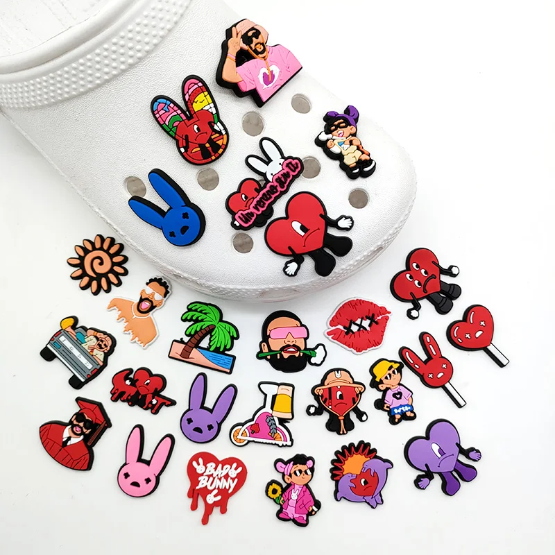 5-48PCS/Set New Arrival Bad Bunny Croc Charms PVC Shoe Decorations Clogs Sandals Wristband Accessories Jibz Holiday Party Gifts