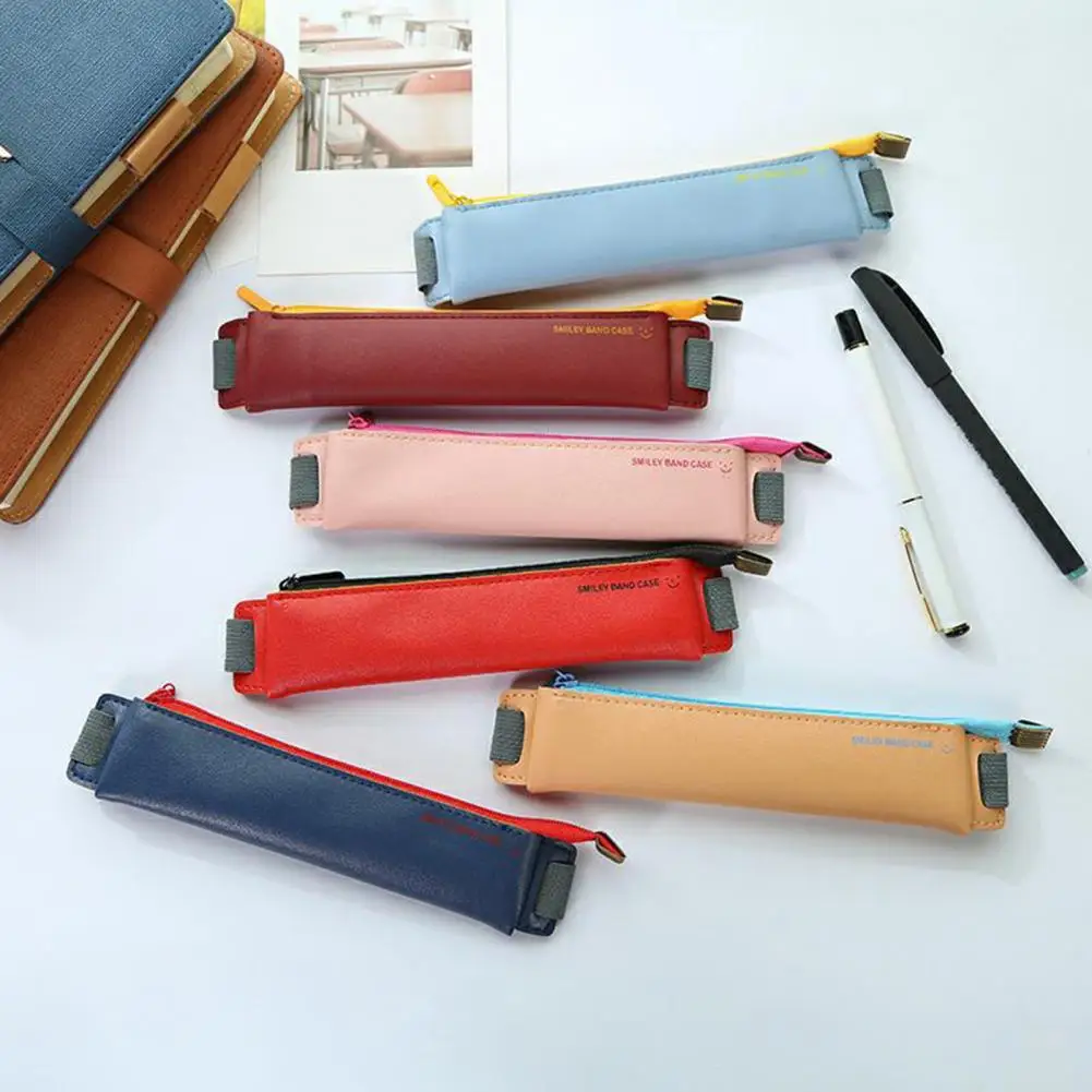 Pencil Case Mini Elastic Belt Faux Leather Business Minimalist Pencil Pouch for Student