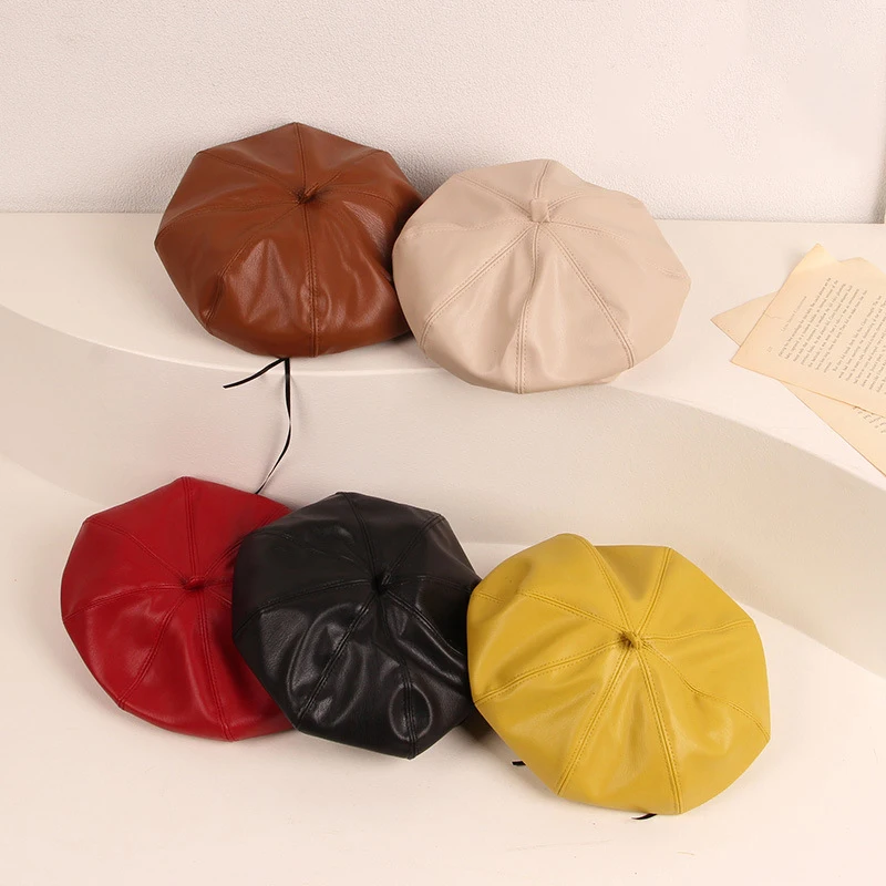 

Girls Princess Berets 2022 New Fashion Baby Kids Solid Color Octagonal Hats Soft Leather Caps Children's Photography Accessories