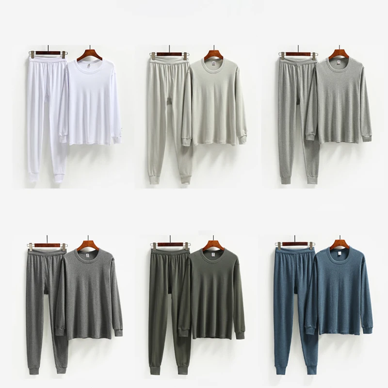 2PCS Man Thermal Round Neck Pullover +Pants Set 100%Cotton Winter Keep Warm Thermal Underwear Set Comfortable Thermo Clothing