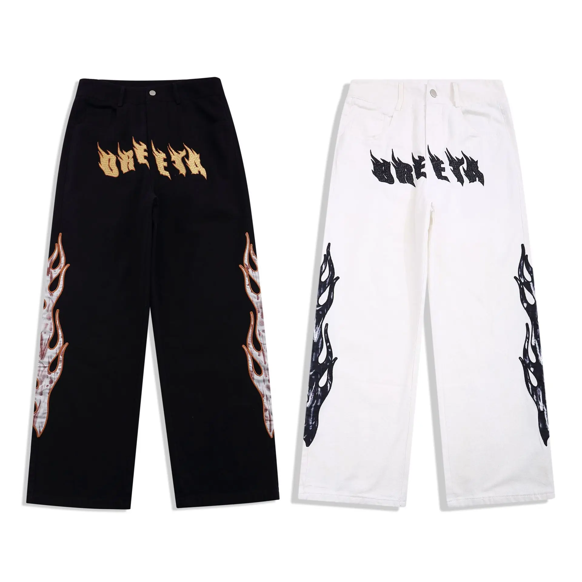 

Spring Summer Flame Embroidery Letter Wide Leg Casual Trousers for Men and Women Patchwork Streetwear Oversized Baggy Pants