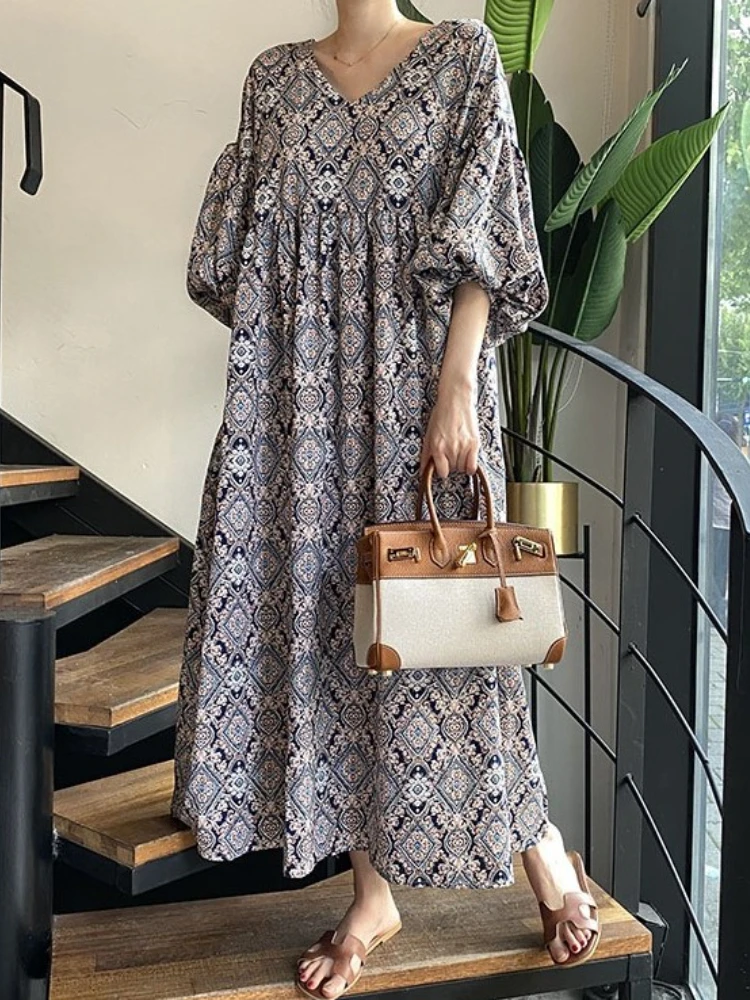 

Dress for Women Summer New In 2023 Vintage Dresses Print V-Neck LOOSE Bishop Sleeve Korean Fashion Long Skirt Party Dating Robe