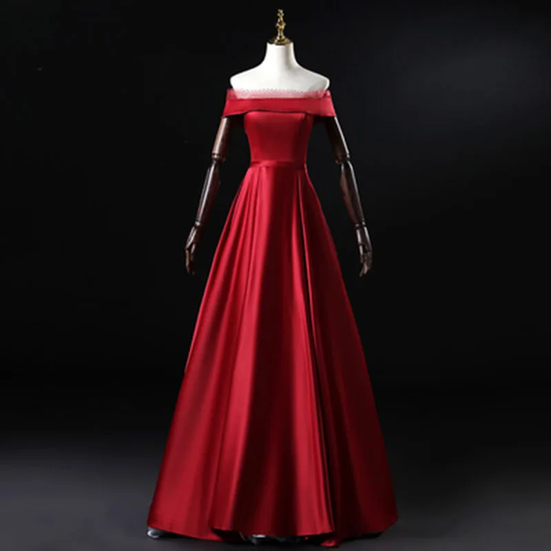 

Classic Off The Shoulder Evening Dress Comfortable Satin Red Simple Robe De Soiree Ever Pretty A-line Sukienka Wieczorowa