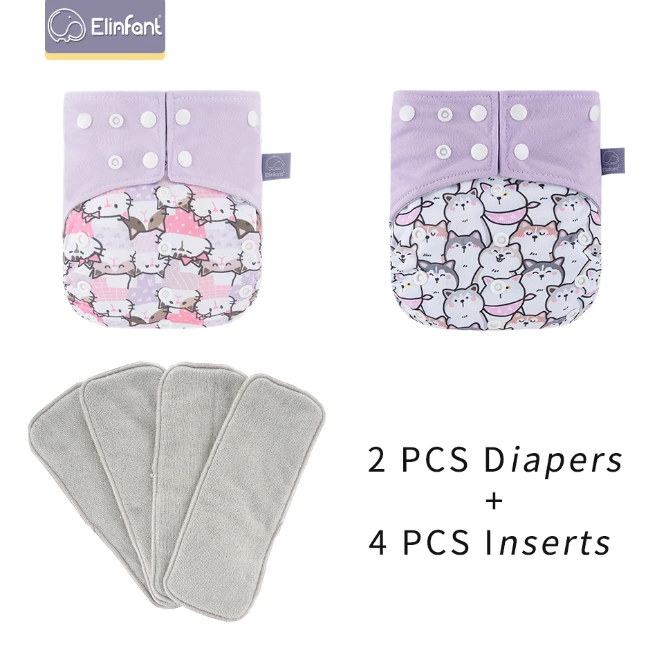 

Elinfant 2 Diapers With 4 Inserts Washable Reusable Suede Cloth Inner With One Pocket Fit 3-15kg Baby Cloth Diaper