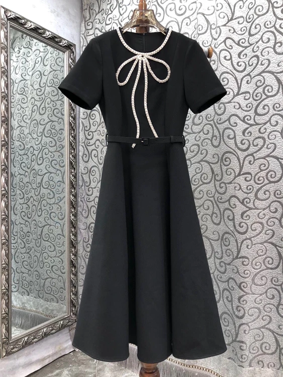 

2023 new women fashion short sleeve round neck belt bow slim dress 0716