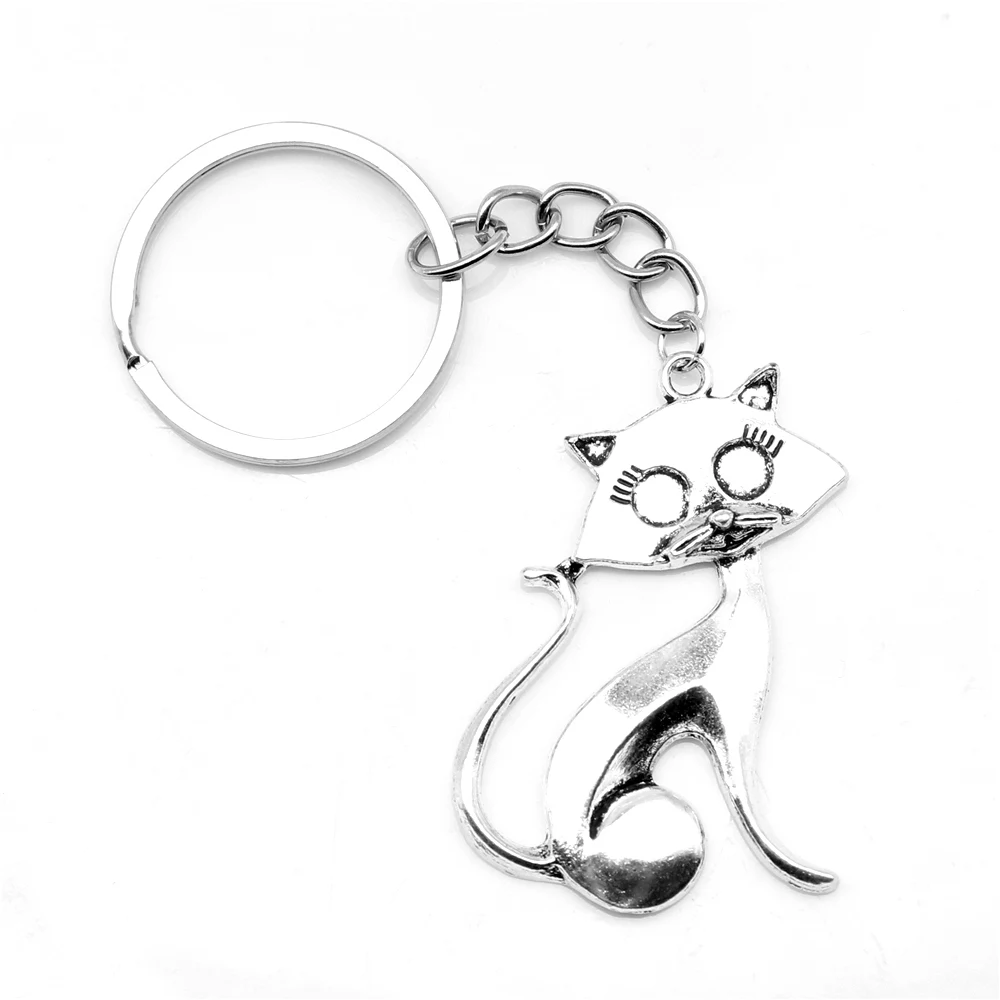 

1pcs Antique Silver Color 33x46mm Cat Keychain Handmade Jewerly Diy