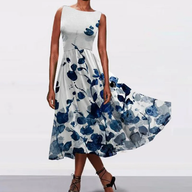 

Elegant O Neck Sleeveless Waisted Beach Dress 2022 Casual Women Loose Party Dresses Vestidos Summer Fashion Printed A-Line Dress