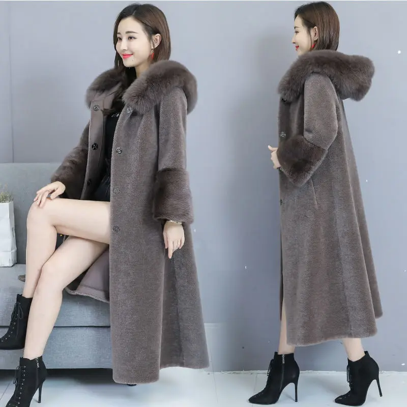 

Womens Long Faux Fur Coat winter Fshion New with FurTrim Hood Single Breasted Wide-waisted Warm Fur Jacket Lugentolo