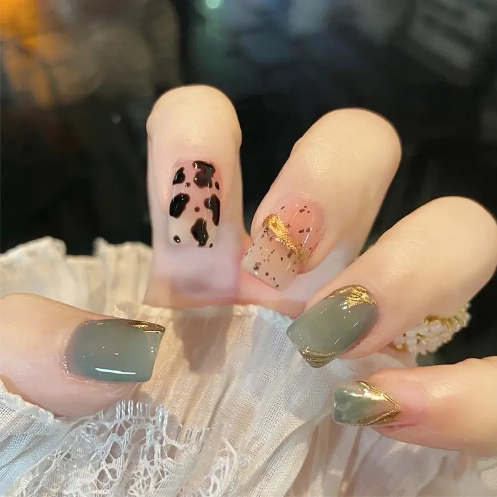 

French Gold Powder Leopard Print Fake Nails Jelly Color Sweet Woman Square Short Artificial Nail Patch Art Finished Removable