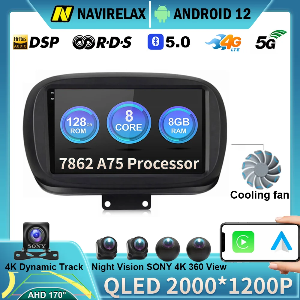 Автомагнитола на Android 12 для Fiat 500X 2014-2020, автомобильное радио, мультимедийное видео, надпись, GPS трек, QLED экран, Wi-Fi + камера 4G 360