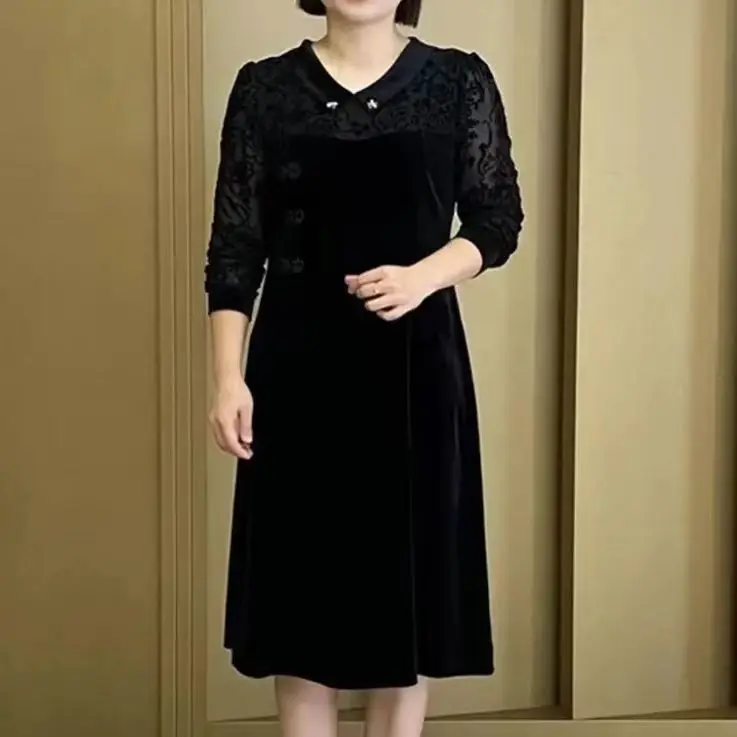 

Женское бархатное платье в стиле пэчворк, элегантное винтажное платье-миди с длинным рукавом и воротником «Питер Пэн», трапециевидный пуловер до середины икры, M717, весна-осень