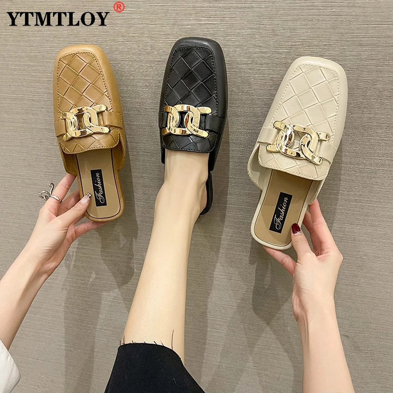 

New Chain Mules Women Slides Square Toe Ladies Striped Shoes Summer Fashion Footwear Plus Big Size Sandals Flip Flops