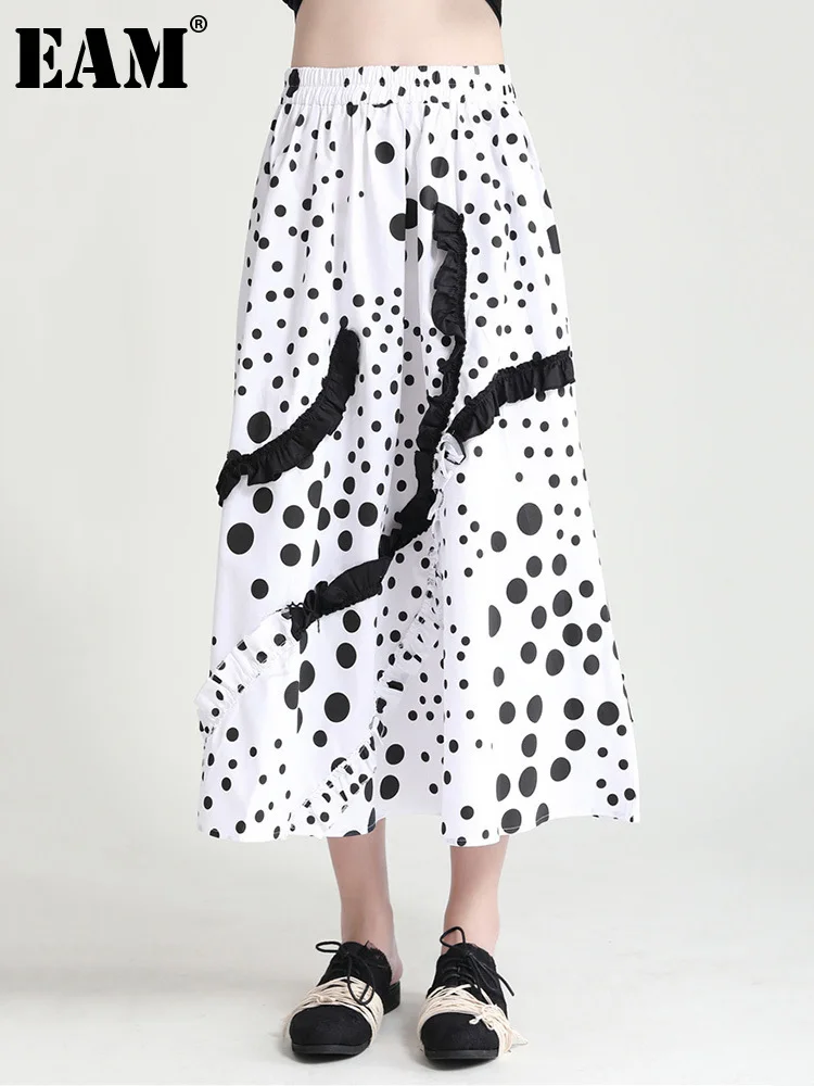 

[EAM] Женская Асимметричная Повседневная юбка в белый горошек с высокой эластичной резинкой на талии в стиле пэчворк, модная новинка весна-ос...