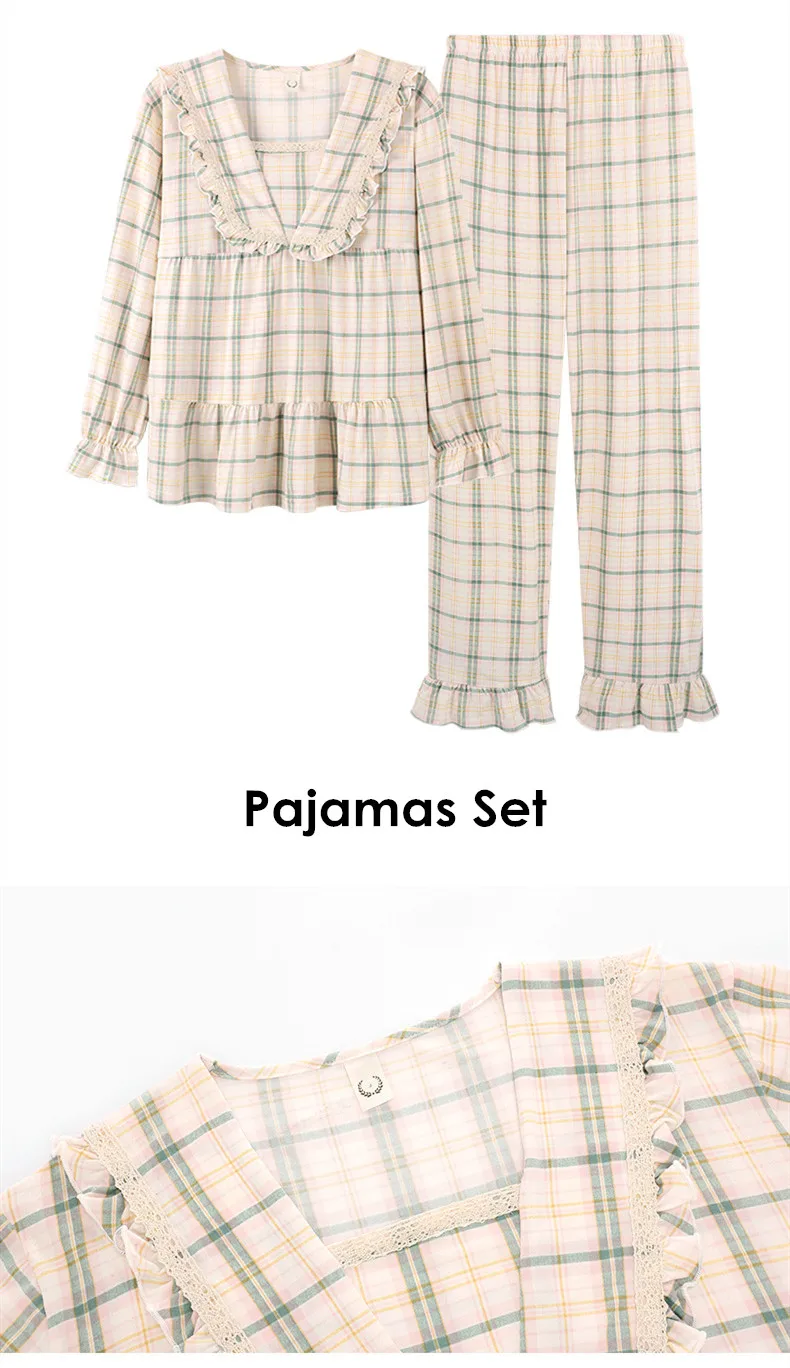 Yasuk Spring Autuum Fashion Women's Casual Sleepwear Homewear Lovely Sweet Pajamas With Pants Soft Plaid Simple Gentle