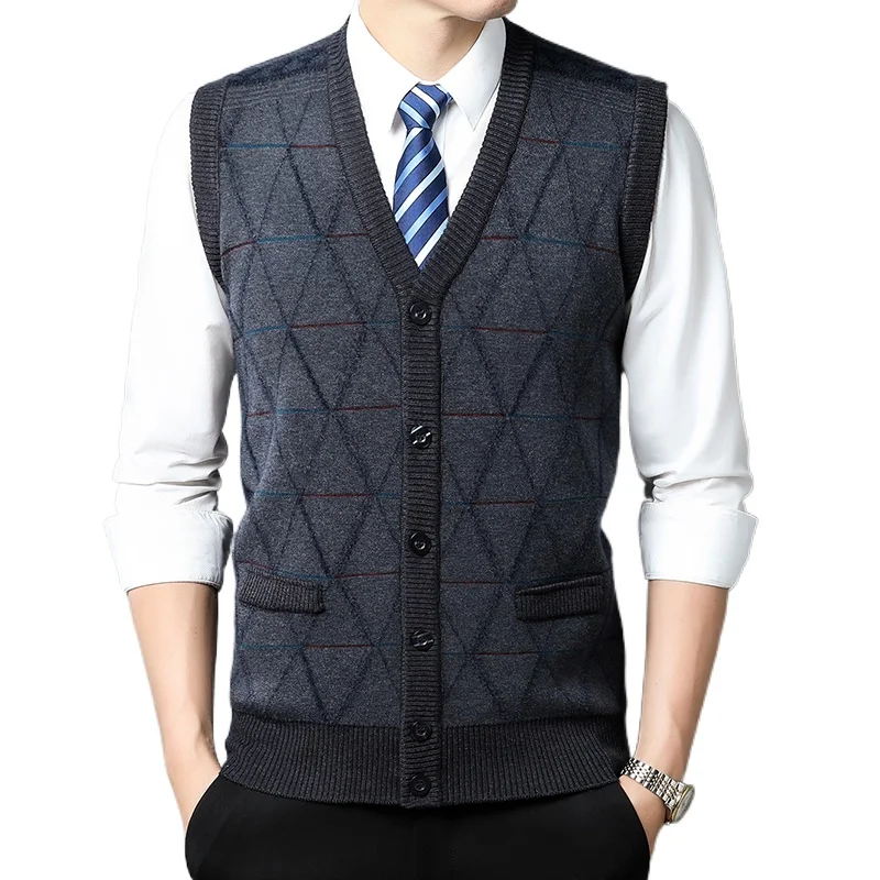 

2023 Autumn Men's Cardigan Tank Top Business Leisure Fashion Knitted Sweater Warm V-neck Tank Top with Pockets