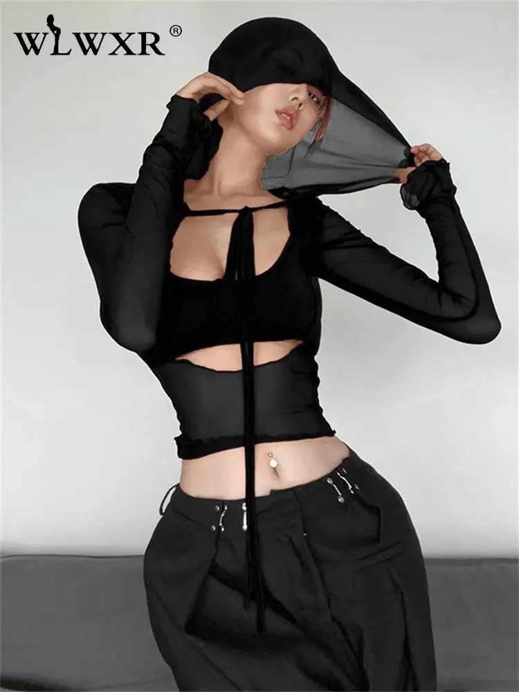

WLWXR Spring street Solid Mesh Sheer T Shirts Club Outfits Women 2023 Slim Long Sleeve Tees Hooded Tops Casual Women Clothing