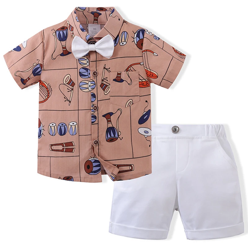 

3Piece Summer Infant Boy Clothes Korean Fashion Print Gentleman Short Sleeve Baby Tops+Shorts+Tie Luxury Kids Clothing Set BC815