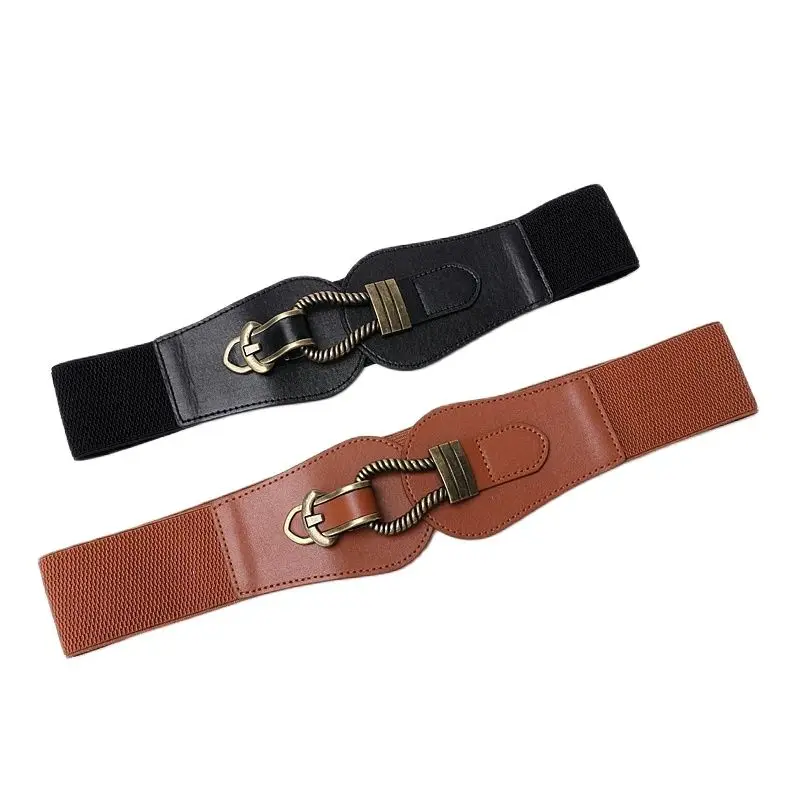 New Vintage Style Green Bronze Button Women's Waist Cover Brown Black PU Leather Wide Belt Elastic Elastic Elastic Women's Belt