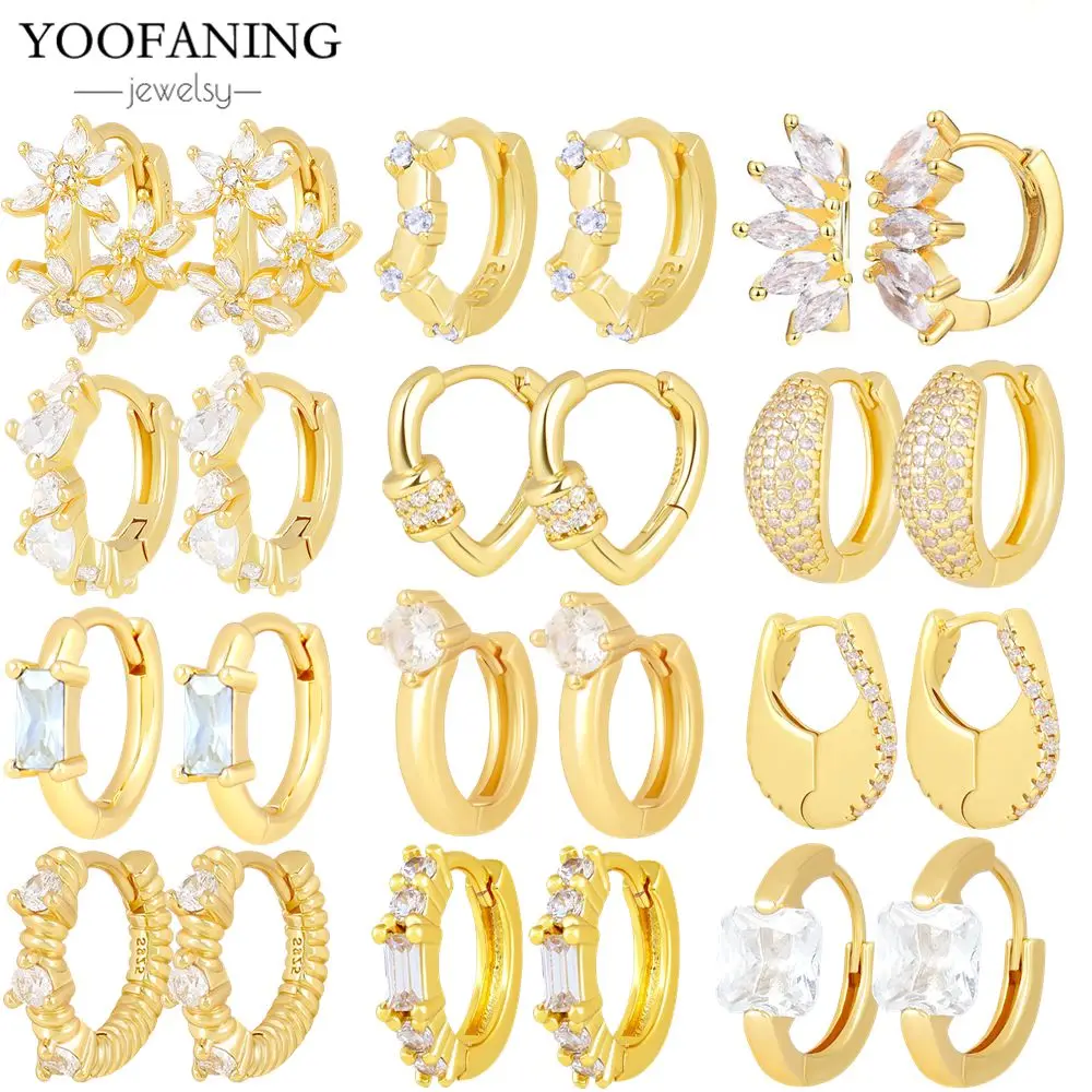 Фото YOOFANING Серьги-кольца из серебра 925 пробы с белыми цирконами, модные и роскошные, золотая серия, элитные женские украшения. №1