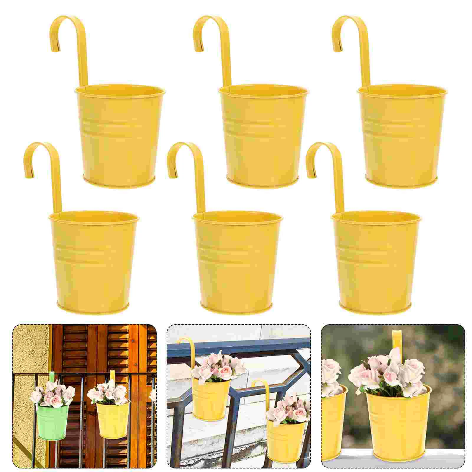 

6pcs Hanging Flower Pots with Detachable Hook and Drainage Hole Metal Bucket Holders Balcony Planters for Garden Patio Railing