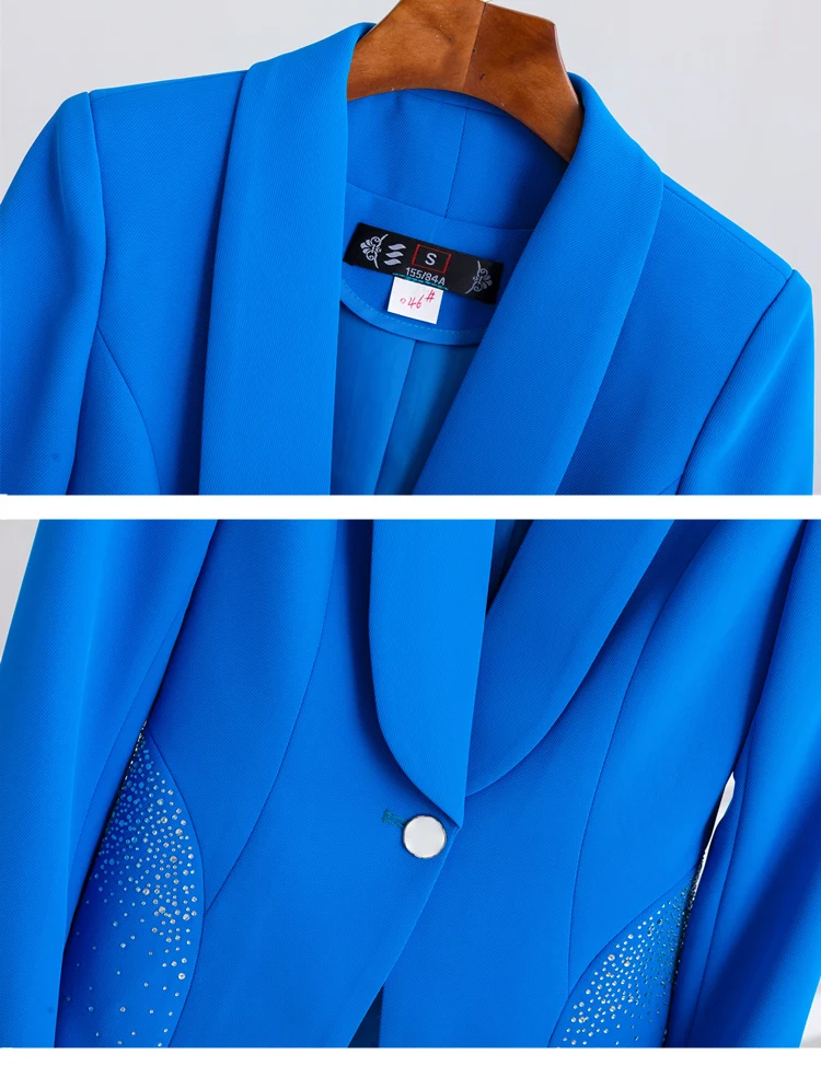 Women's Pant Sets Diamond Fashion Office Ladies Blue White Black Long Sleeve Jacket+Trousers Formal 2 Piece Set Outfit