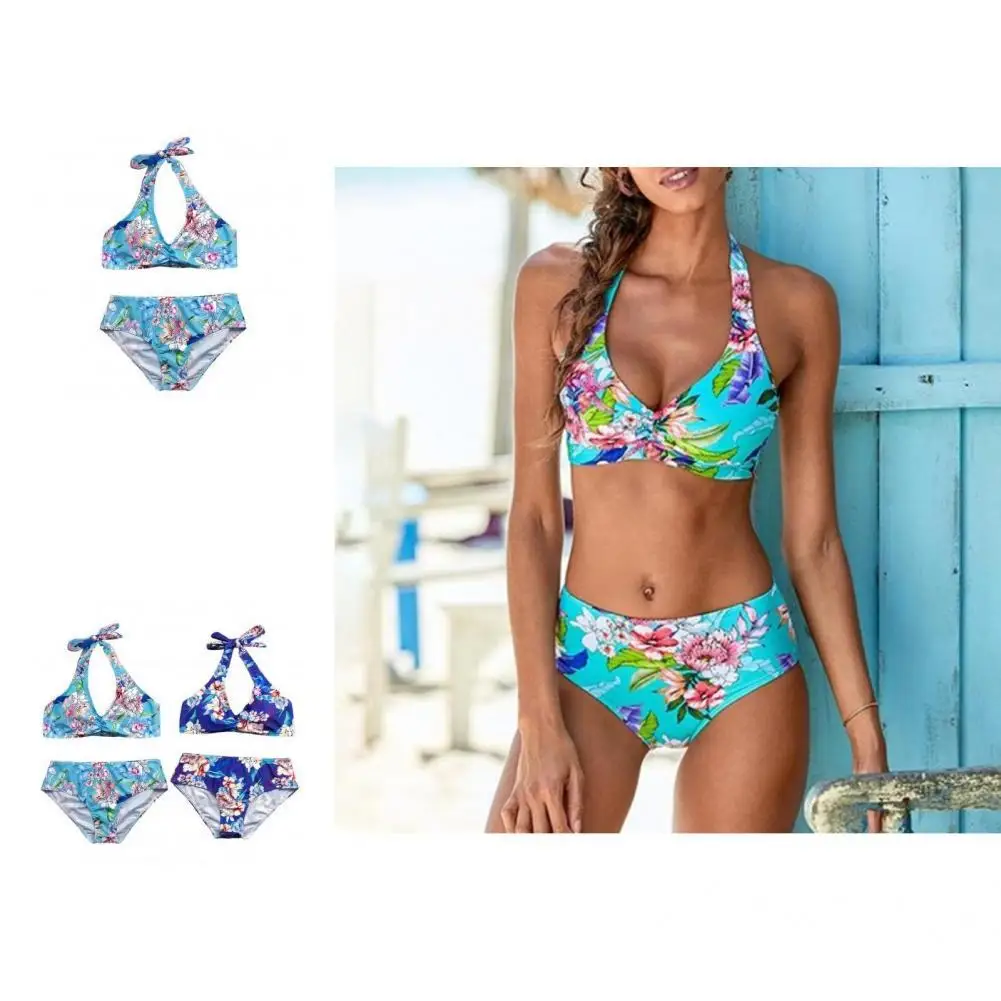 

Stretchy Popular Flower Print Halter Bra High Waist Briefs Swimwear Breathable Bathing Suit Neck Tie-up for Spa