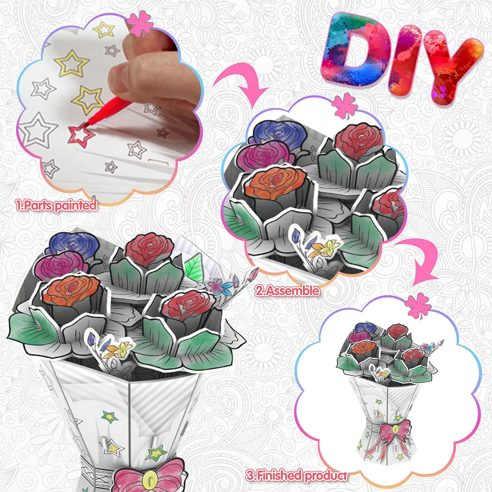 

F16 Toy DIY Painting Puzzle 3D Arts And Crafts Creative Gifts For Girls Boys Flower Includes 10ml Color Pen Larger Cubes