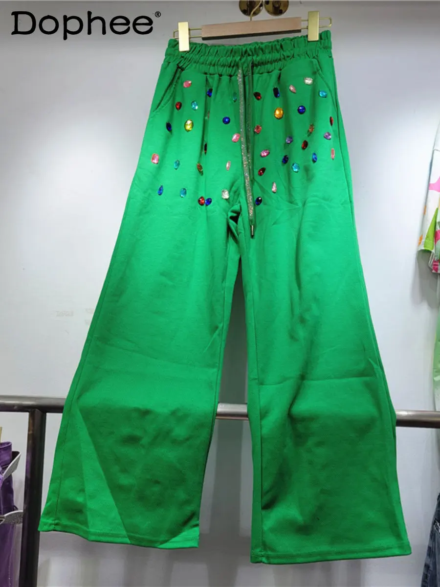 

Sweet Colorful Diamond Casual Pants Women Wide-Leg Sweatpants 2023 New Spring Summer High Waist Loose-Fitting Slimming Pantalons