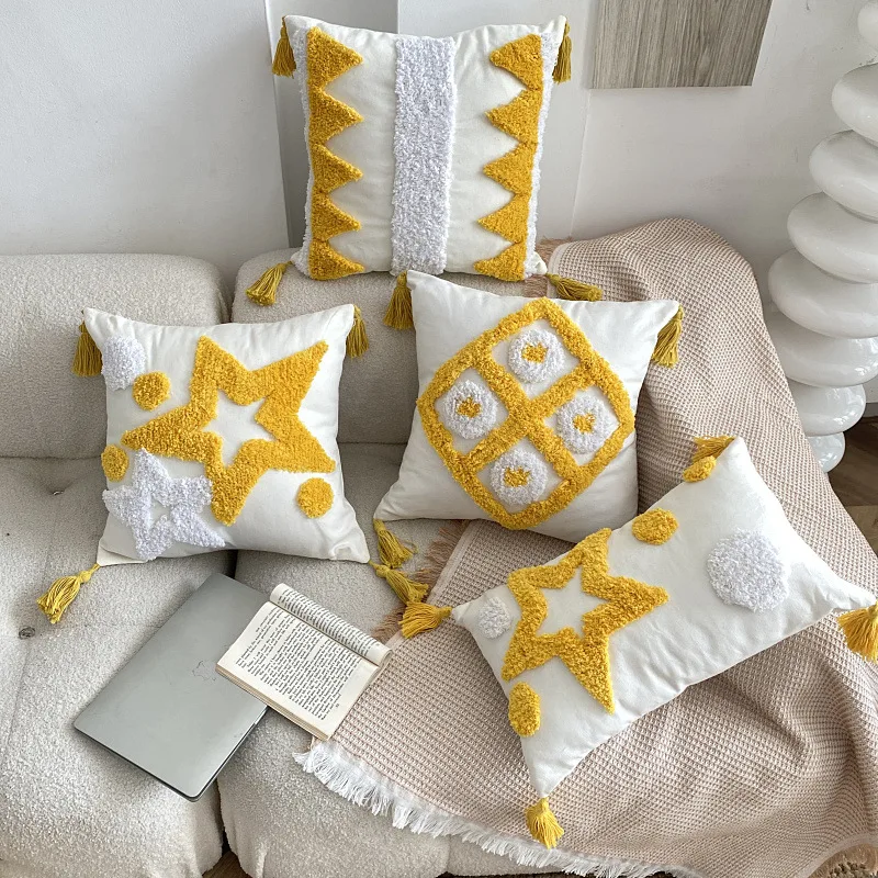 

Boho Tufted Fringed Cushion Cover Yellow Geometric Embroidered Waist Pillowcase 45*45cm Home Covers for Decorative Cushions