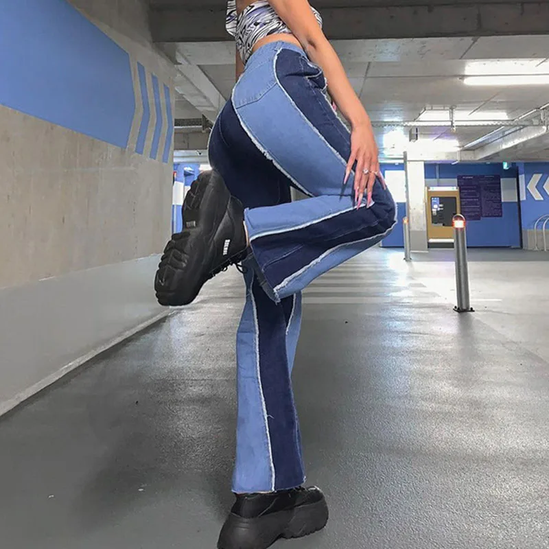 

Blue Patchwork Jeans Spring Autumn Women Fashion Push Up High Waist Baggy Straight Leg Jeans Lady Vintage Distressed Denim Pants