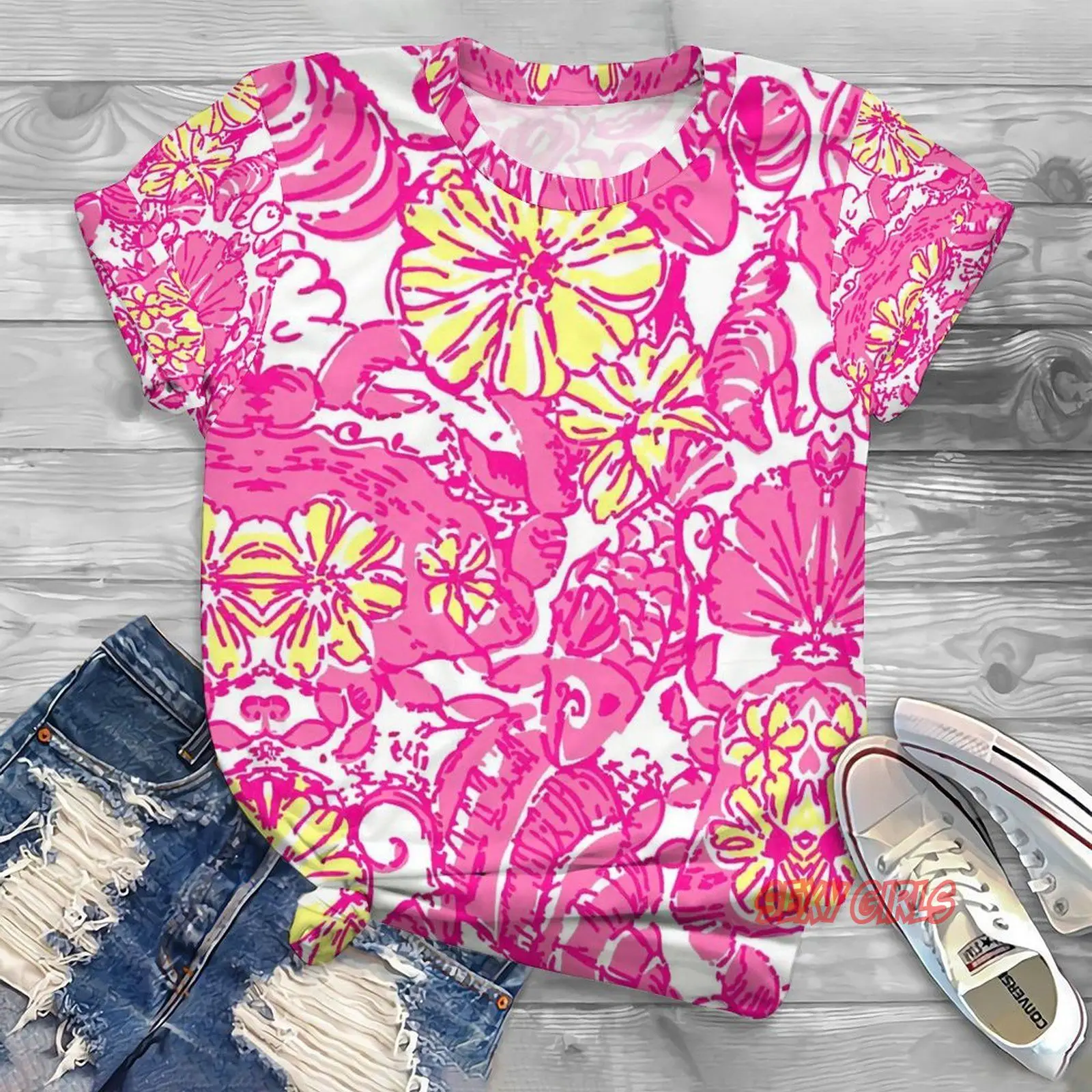 

Женская футболка с цветочным принтом, коротким рукавом и графическим принтом