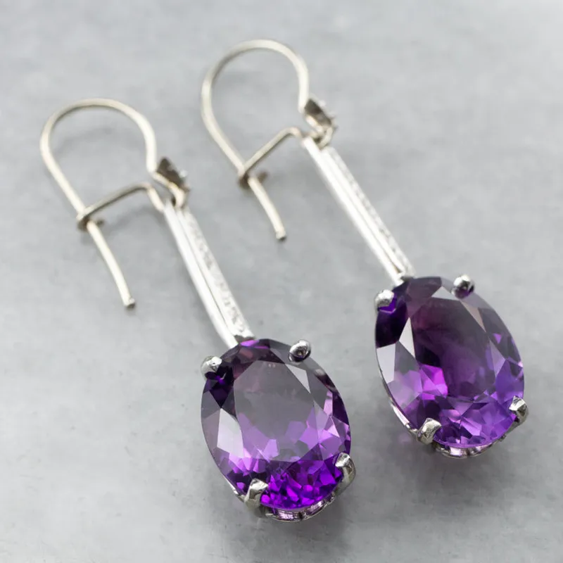 

Chic Women's Drop Earring Silver Color With Oval Purple CZ Stone Gorgeous Female Party Jewelry Anniversary Gift Earring for Girl