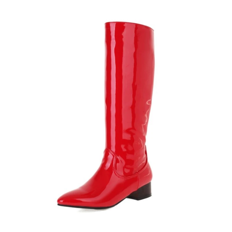 

Женские ботинки из лакированной кожи, синие, желтые, черные, красные, зеленые длинные ботинки до середины икры из искусственной кожи, вечерн...