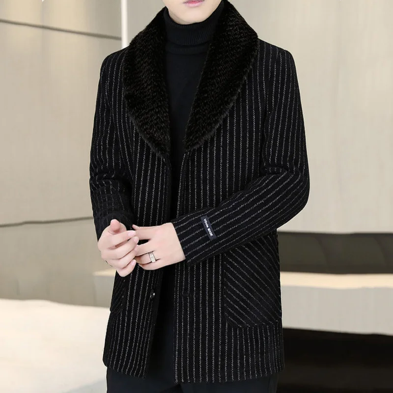 Мужская шерстяная куртка в полоску длинная плотная теплая ветровка с принтом