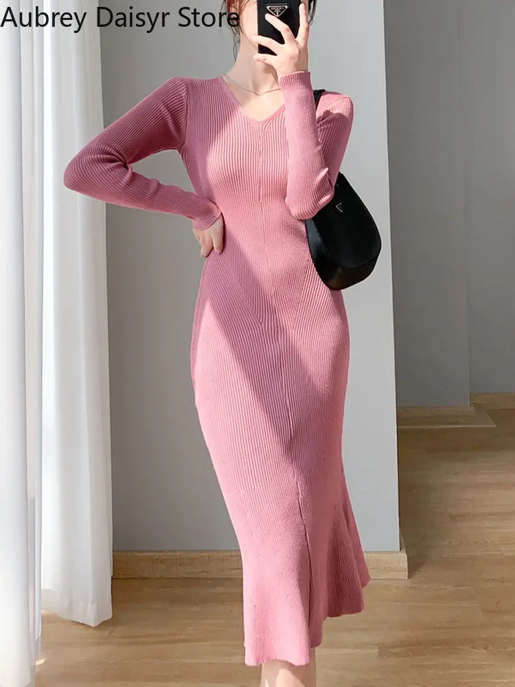 

Korean Elegant Midi Knitted Dress Women Vintage V-neck Mermaid Sweater Dress Female Casual Slim Chic Y2k Party Dress Autumn 2022