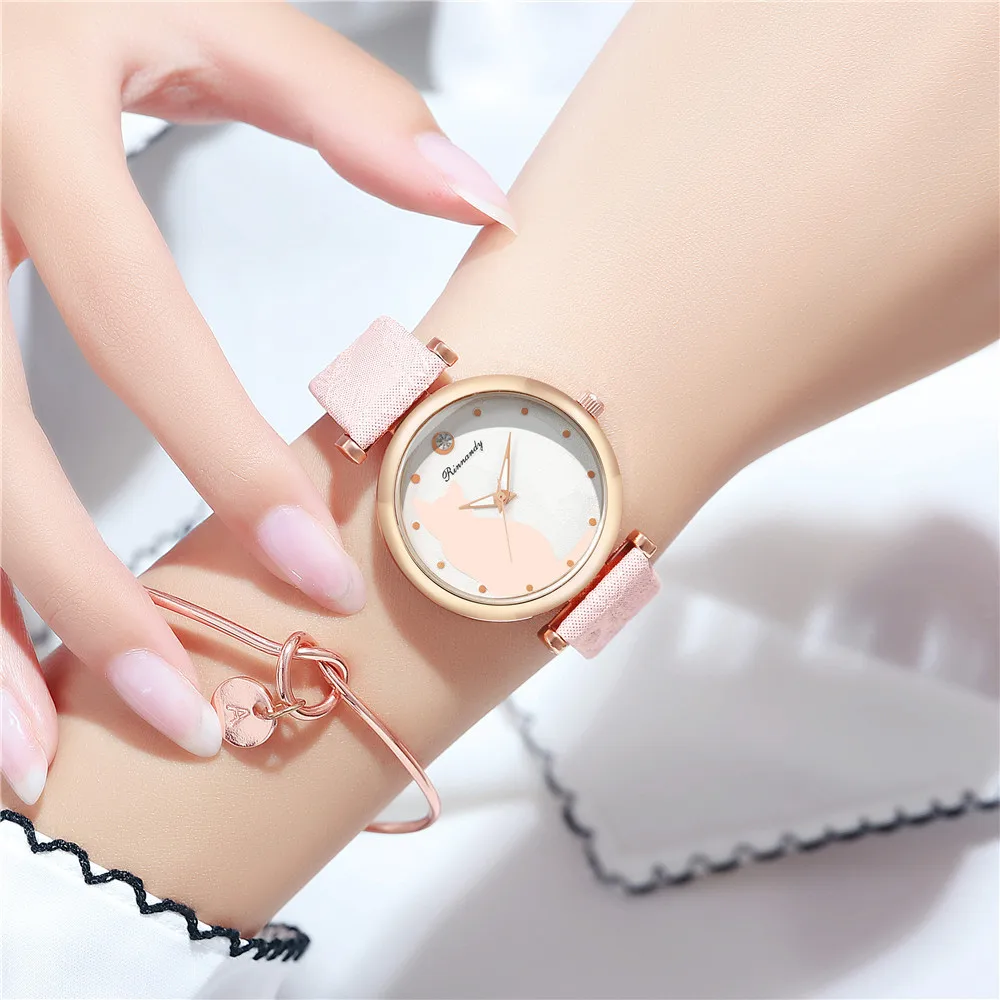 Модные женские часы с милым котом кварцевые наручные кожаным ремешком для женщин