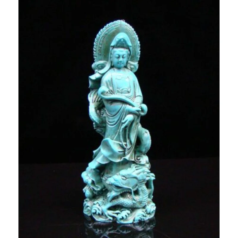 

Chinese Turquoise Hand Carved Statue Guanyin Dragon Ruiyi Exquisite