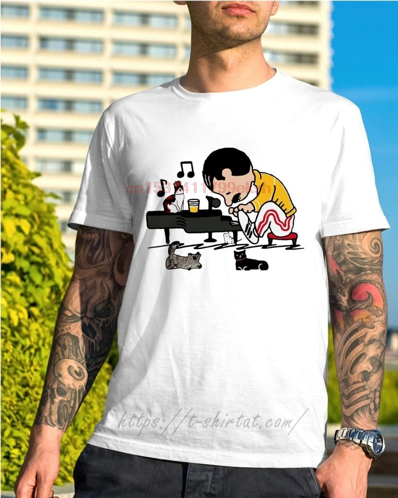 

Freddie Mercury игровое фортепиано с котом Рубашка мужская футболка
