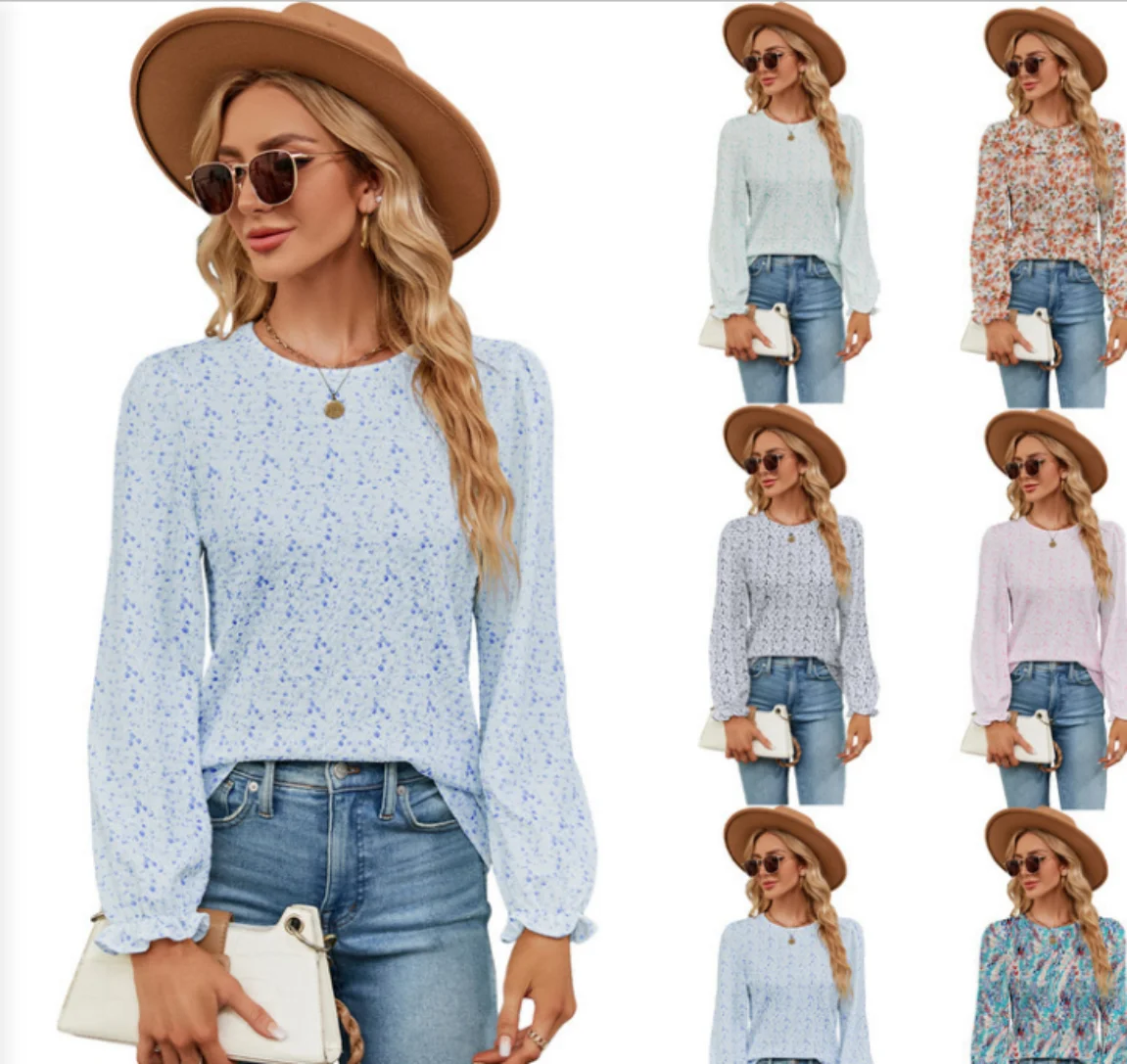 

Fragmented Flowers Female T-shirt Versatile O-neck Long Sleeve Autumn Pullover Fashion Women's Tops