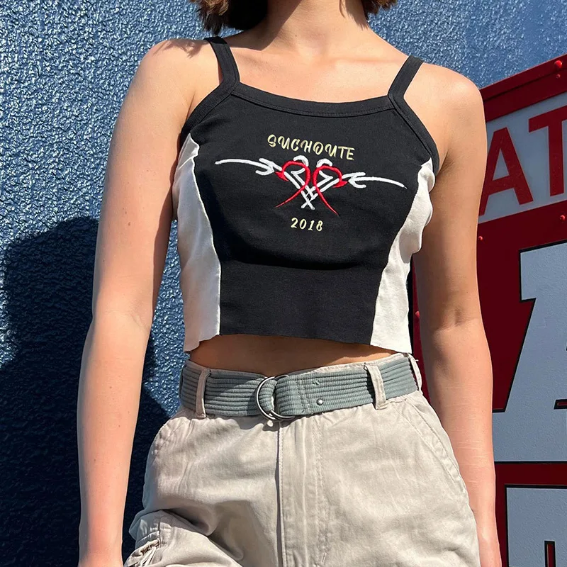 

American Style Street Spice Girl Vest Top Women's 2023 Summer Vintage Stitching Embroidered U-Collar Navel Small Sling