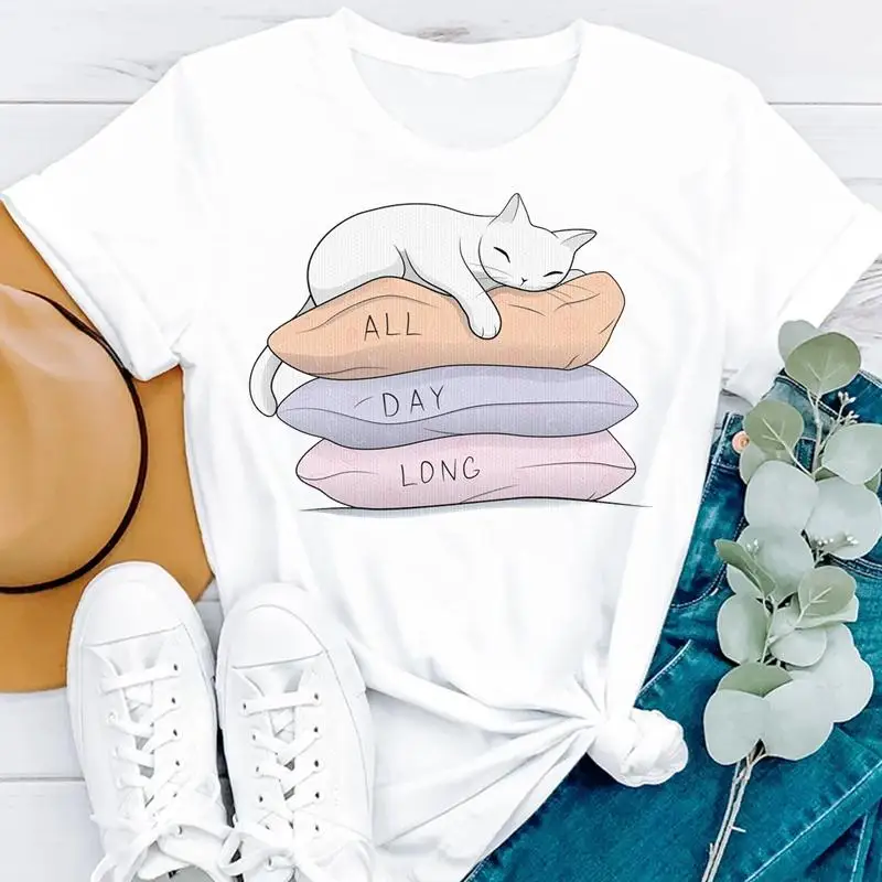 

Женская футболка с принтом симпатичной кошки, забавная трендовая футболка с надписью, модная футболка с коротким рукавом, топ 90-х, красивая ...
