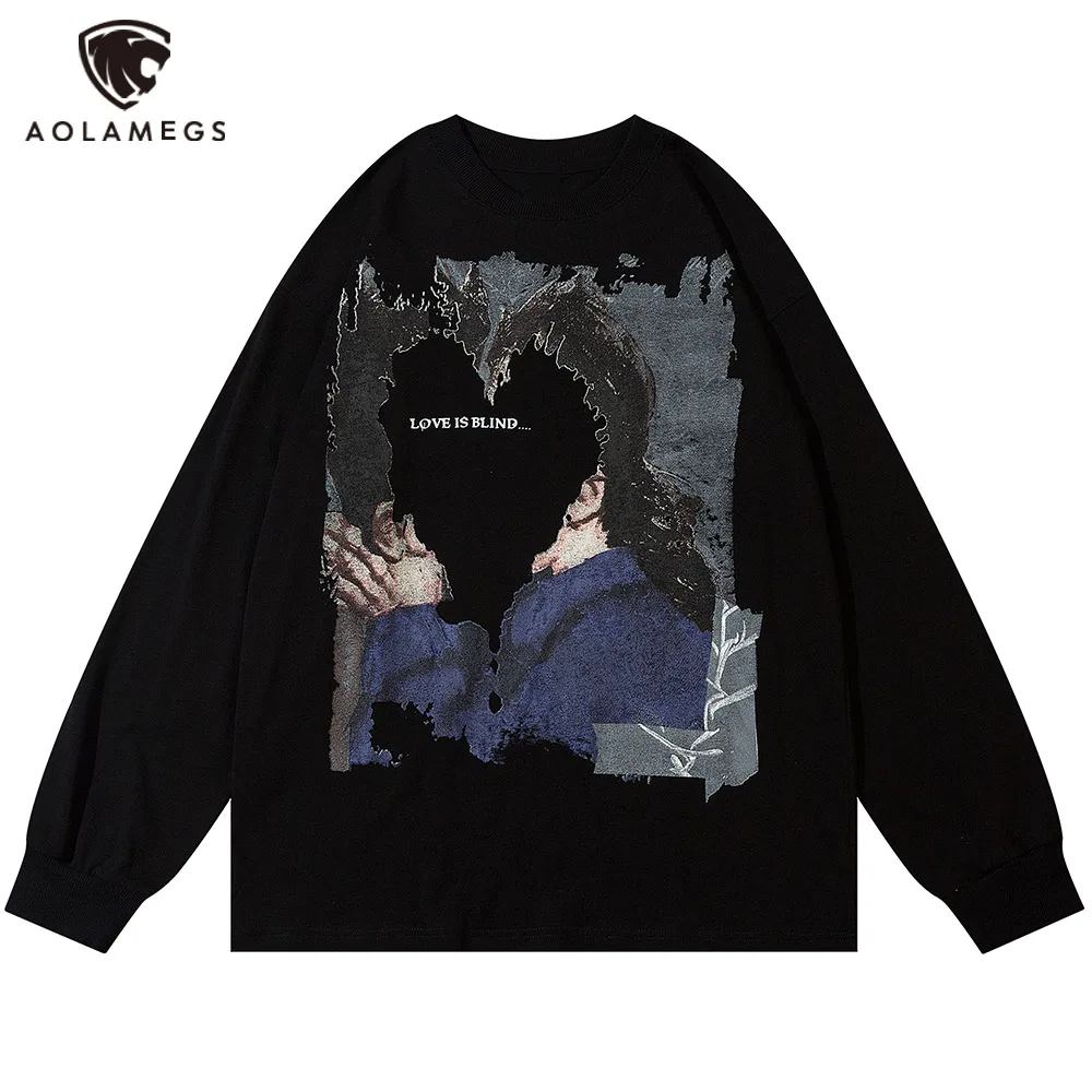 

Aolamegs Hip Hop Sweatshirt Broken Letter Print Cotton Tops Autumn Casual Cozy Harajuku High Street Oversized Streetwear Couple