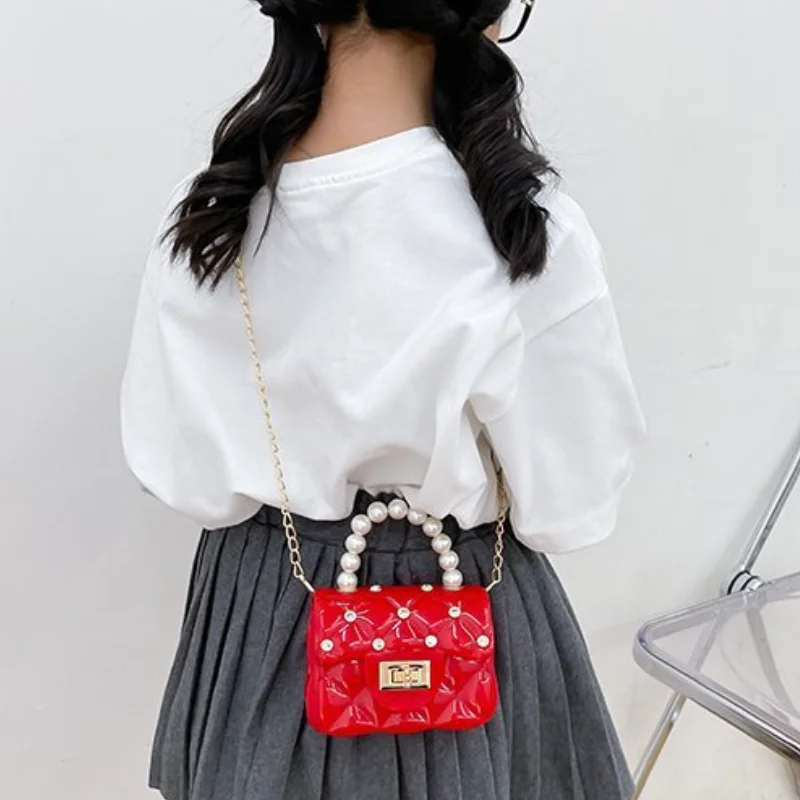 New Girls Candy Color Fashion Mini Chain Small Square Bags Princess Personality Children Shoulder Pearl Portable Bag