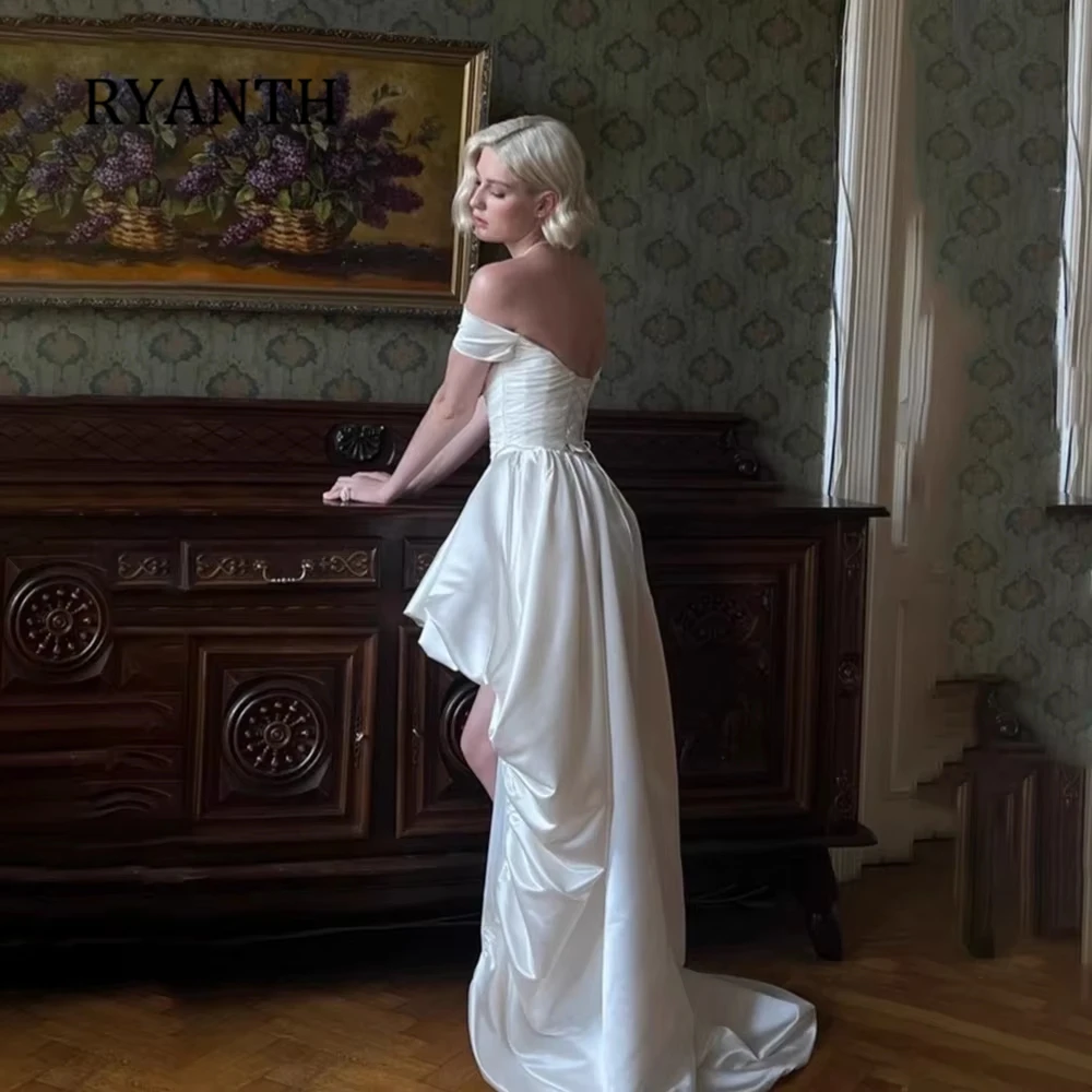 Фото Атласное платье RYANTH с открытыми плечами для выпускного вечера для подростков, асимметричное, с драпировкой, на шнуровке сзади, свадебное платье, на заказ №3